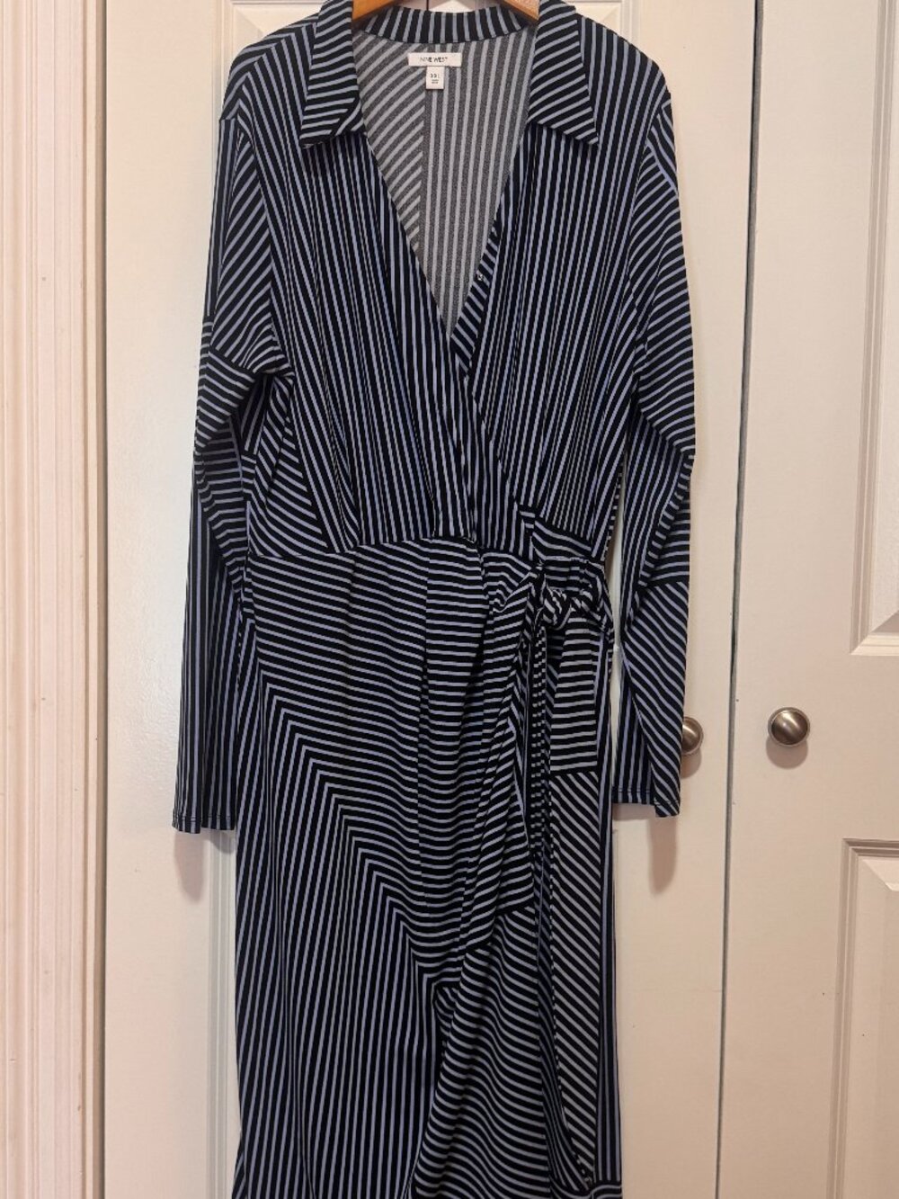 Nine West XXL Blue Striped Faux Wrap Midi Dress Tie Waist Long Sleeve